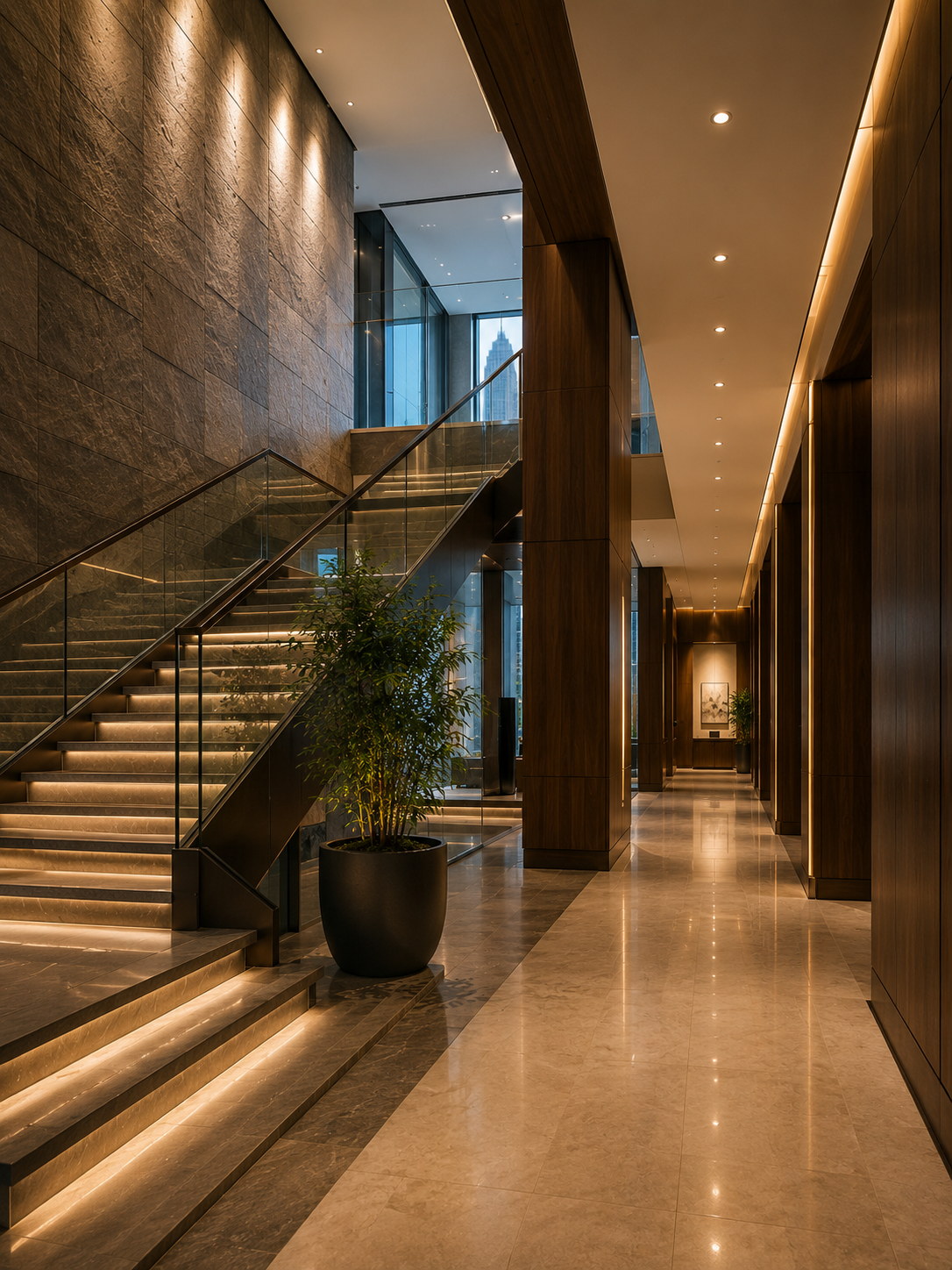 An illuminated stone and wood-panelled lobby with a glass staircase.