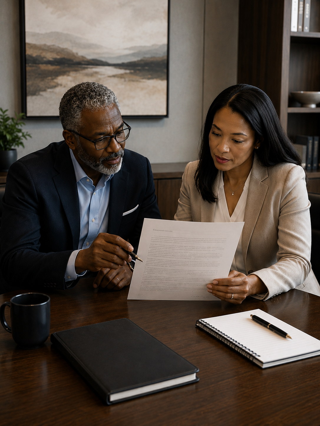 Two professionals reviewing a printed document together at a desk.