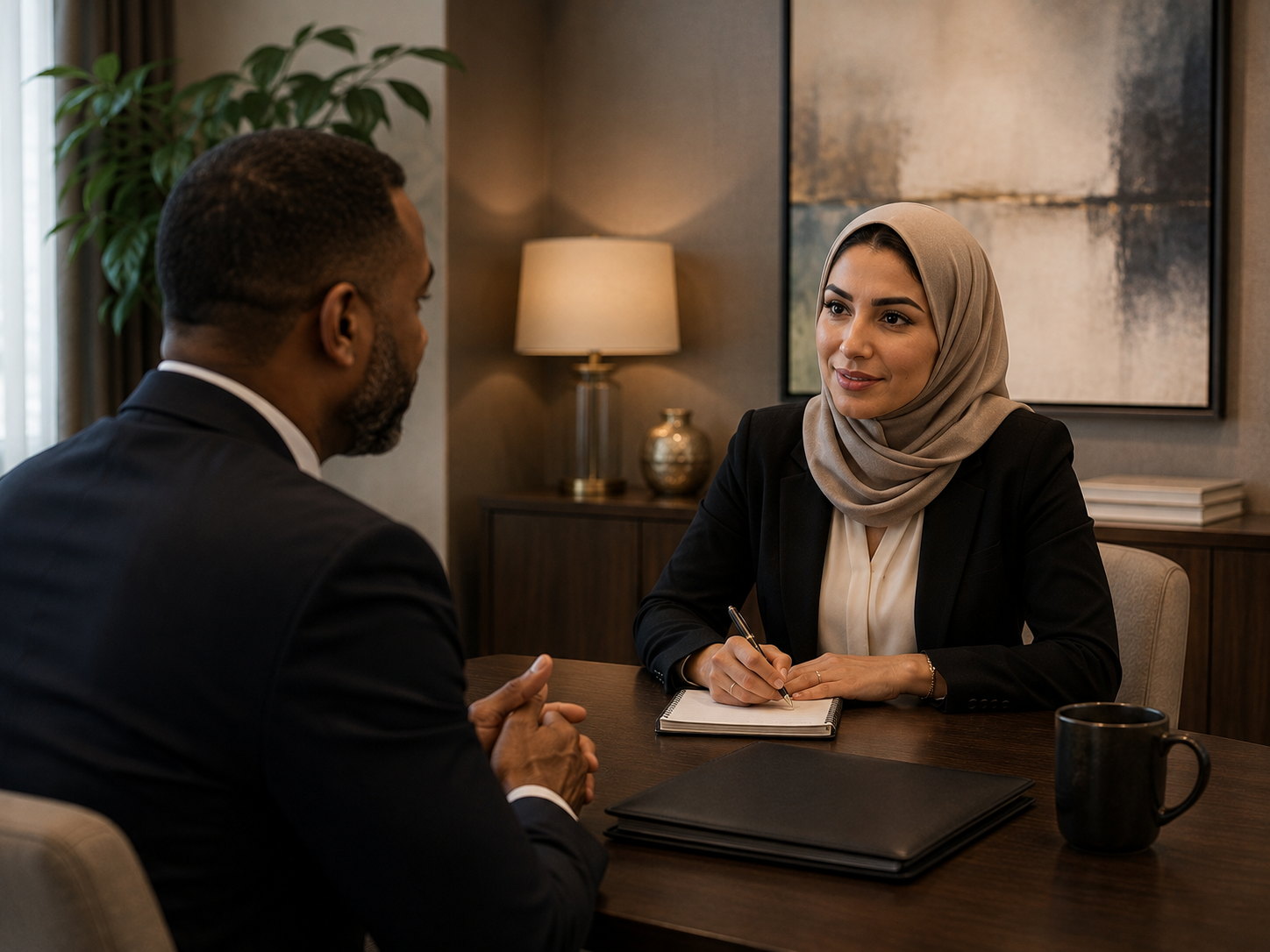 Two professionals in conversation across a desk in a quiet office, one taking notes.