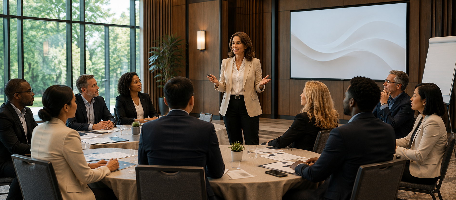 A facilitator leading a workshop discussion with professionals seated at round tables.