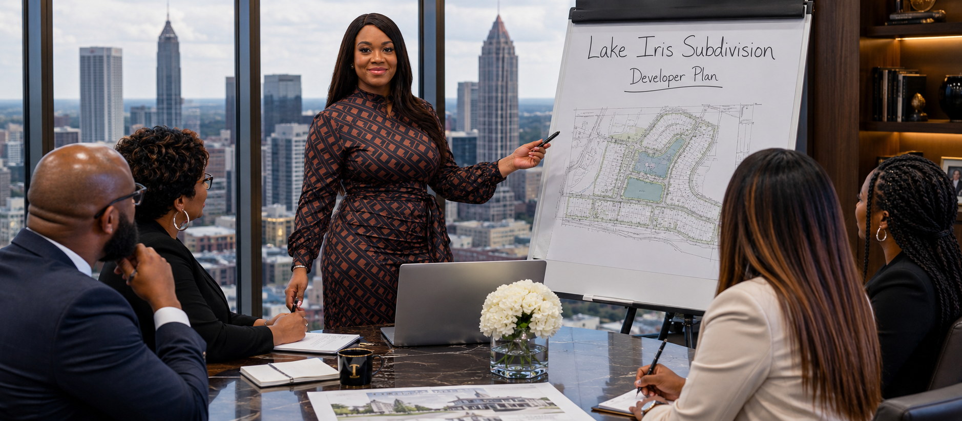 Kimberly L. Miller presenting to a group of professionals in a boardroom.