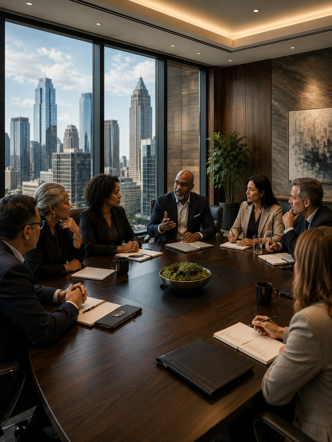 Eight professionals and community leaders in discussion around a boardroom table.