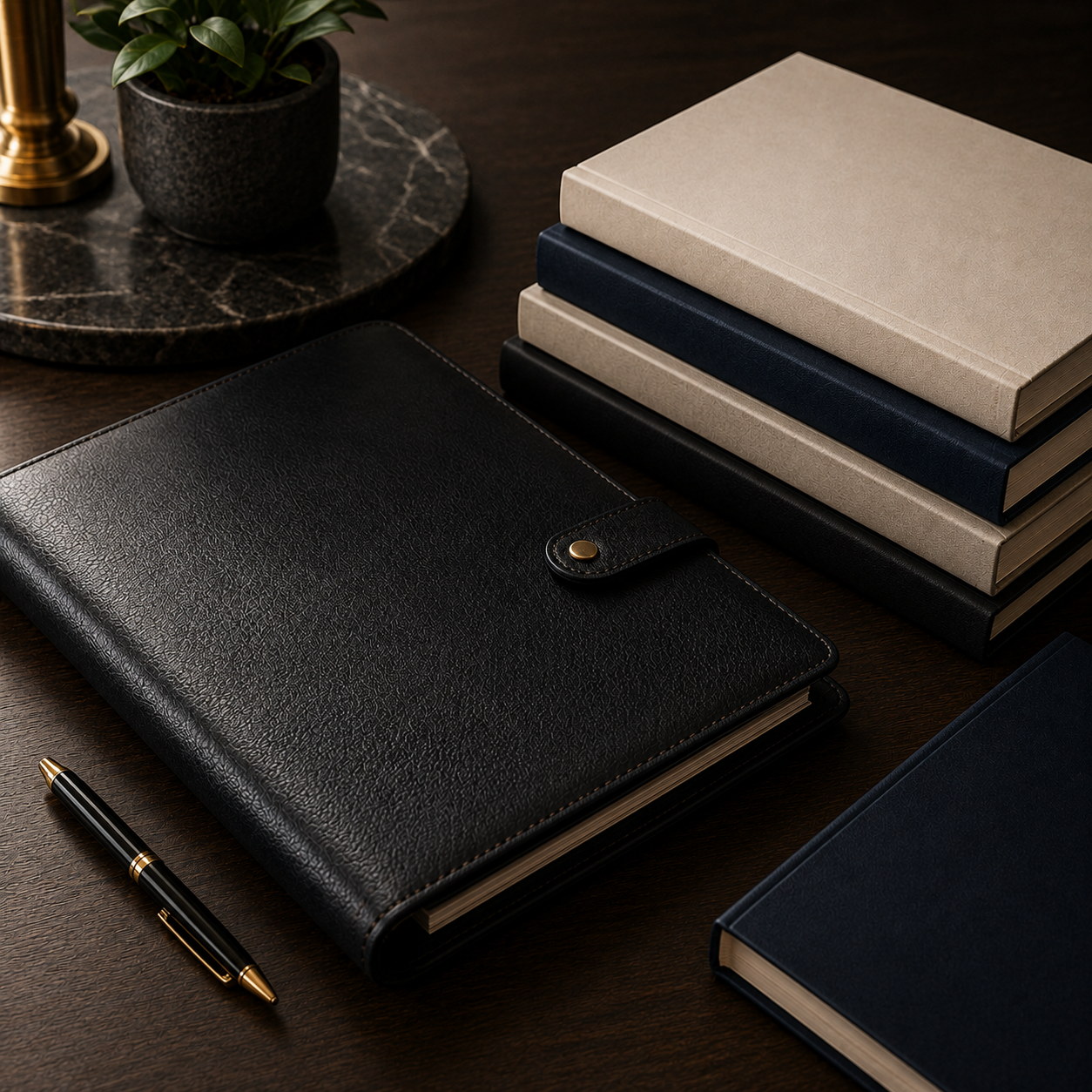 A leather portfolio, pen and bound documents arranged on a dark wood desk.