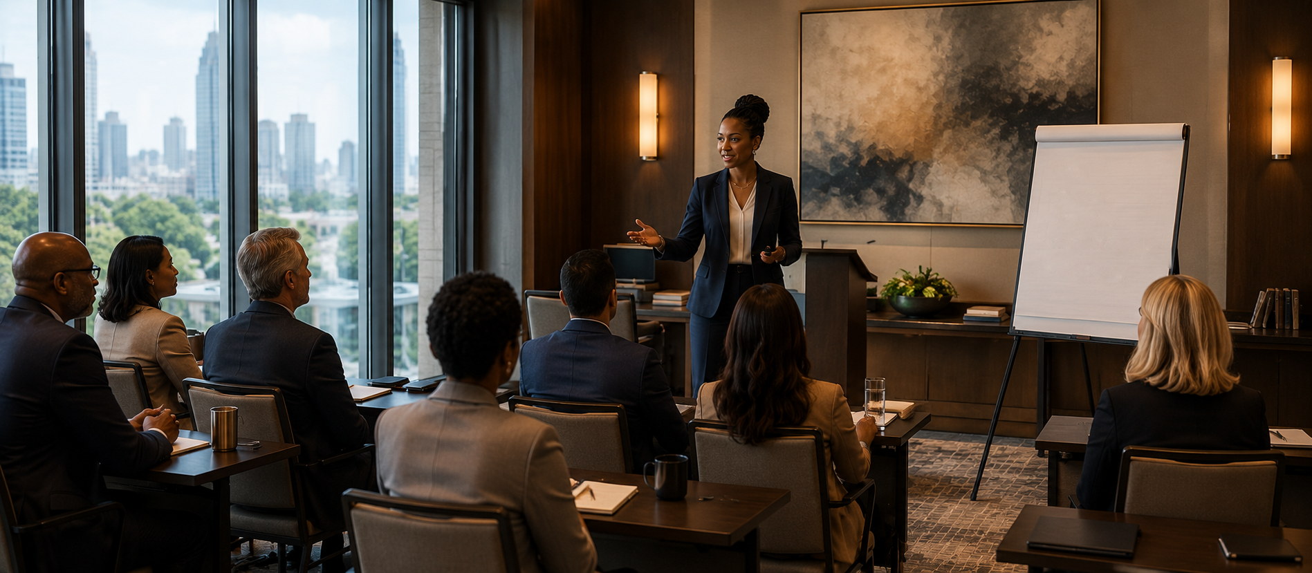A facilitator leading a session for a seated group in a meeting room.