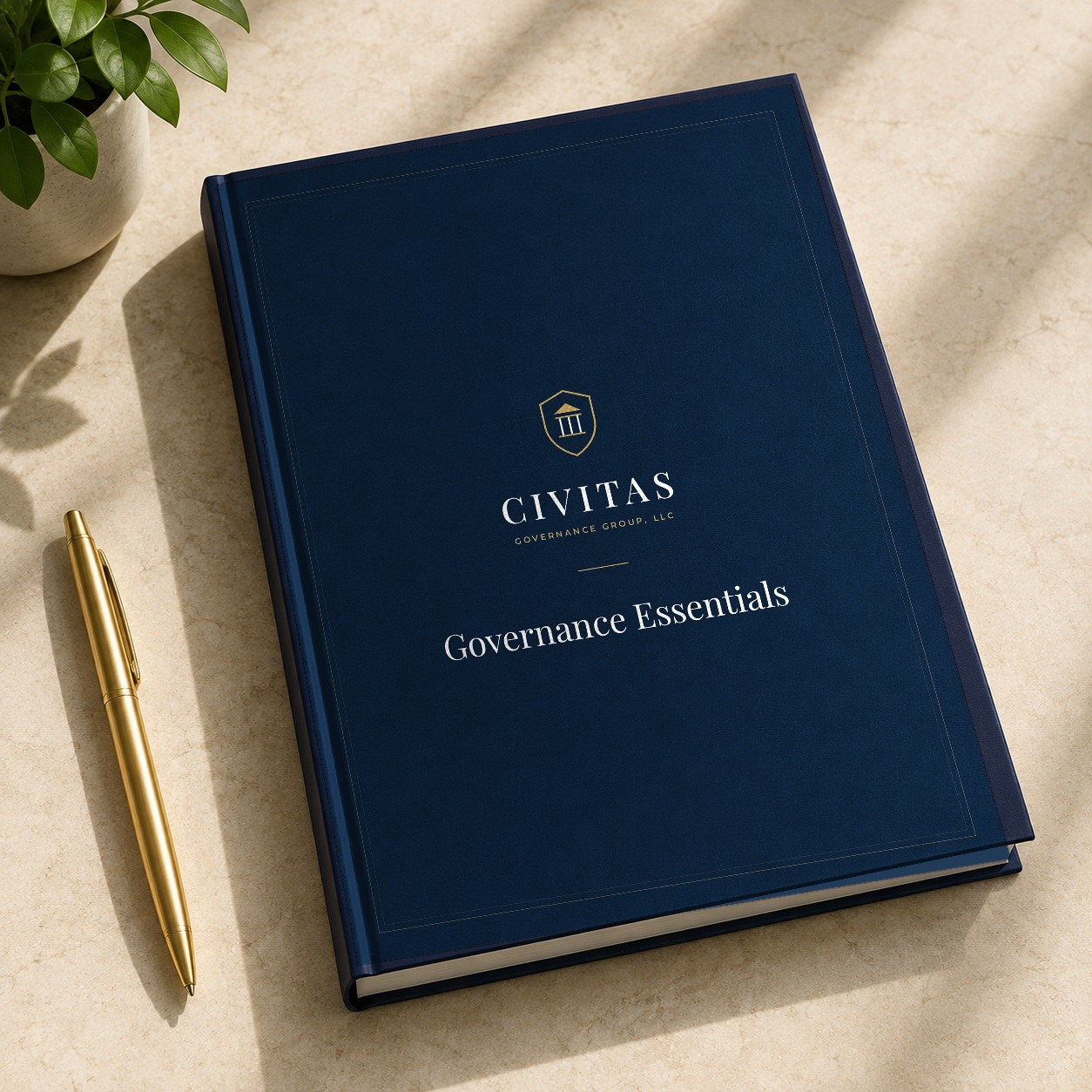 A Civitas governance guide shown as a printed cover in navy and gold.