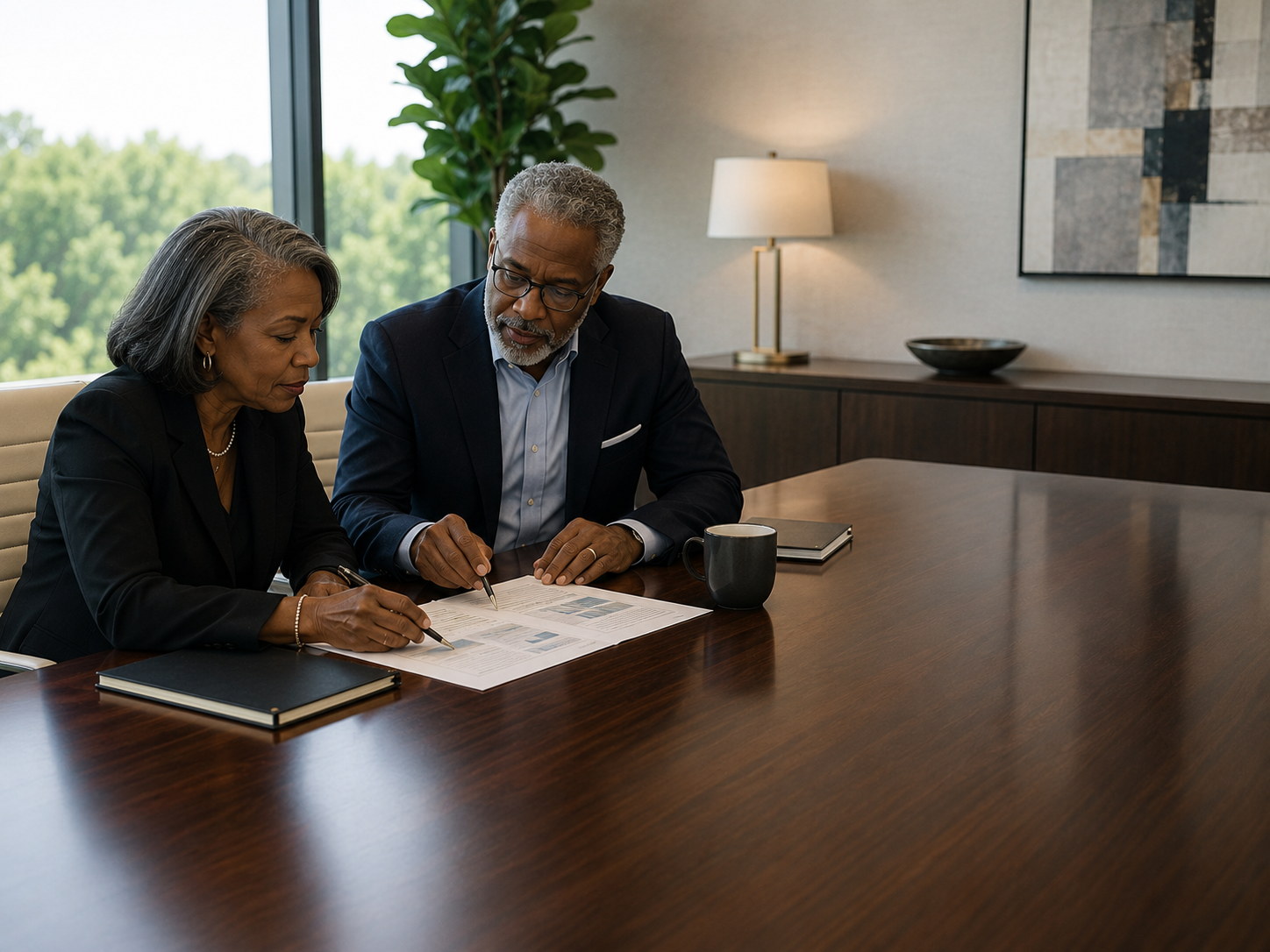 Two senior professionals reviewing a document together at a conference table.