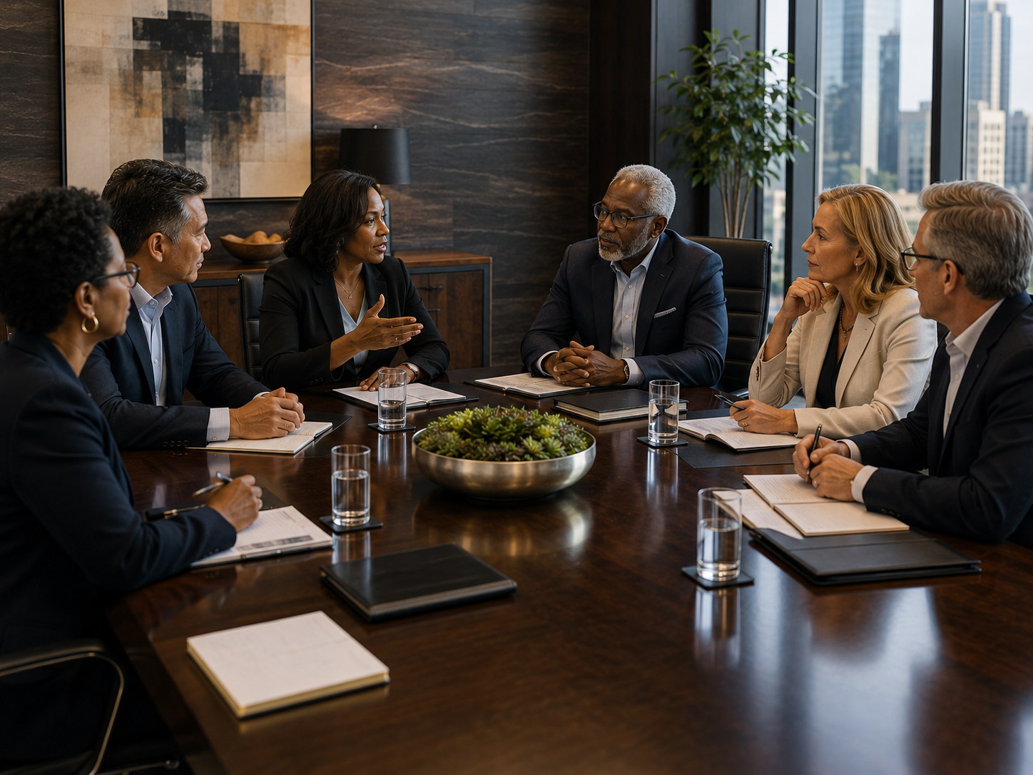 Six board directors in discussion around a conference table, one speaking.