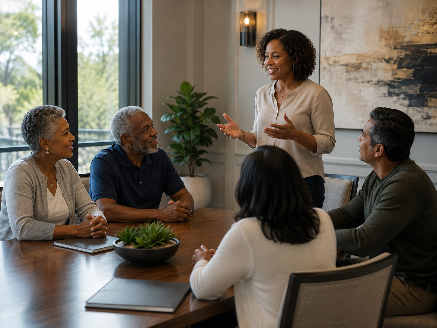 Community residents in discussion in a meeting room, one standing and speaking.
