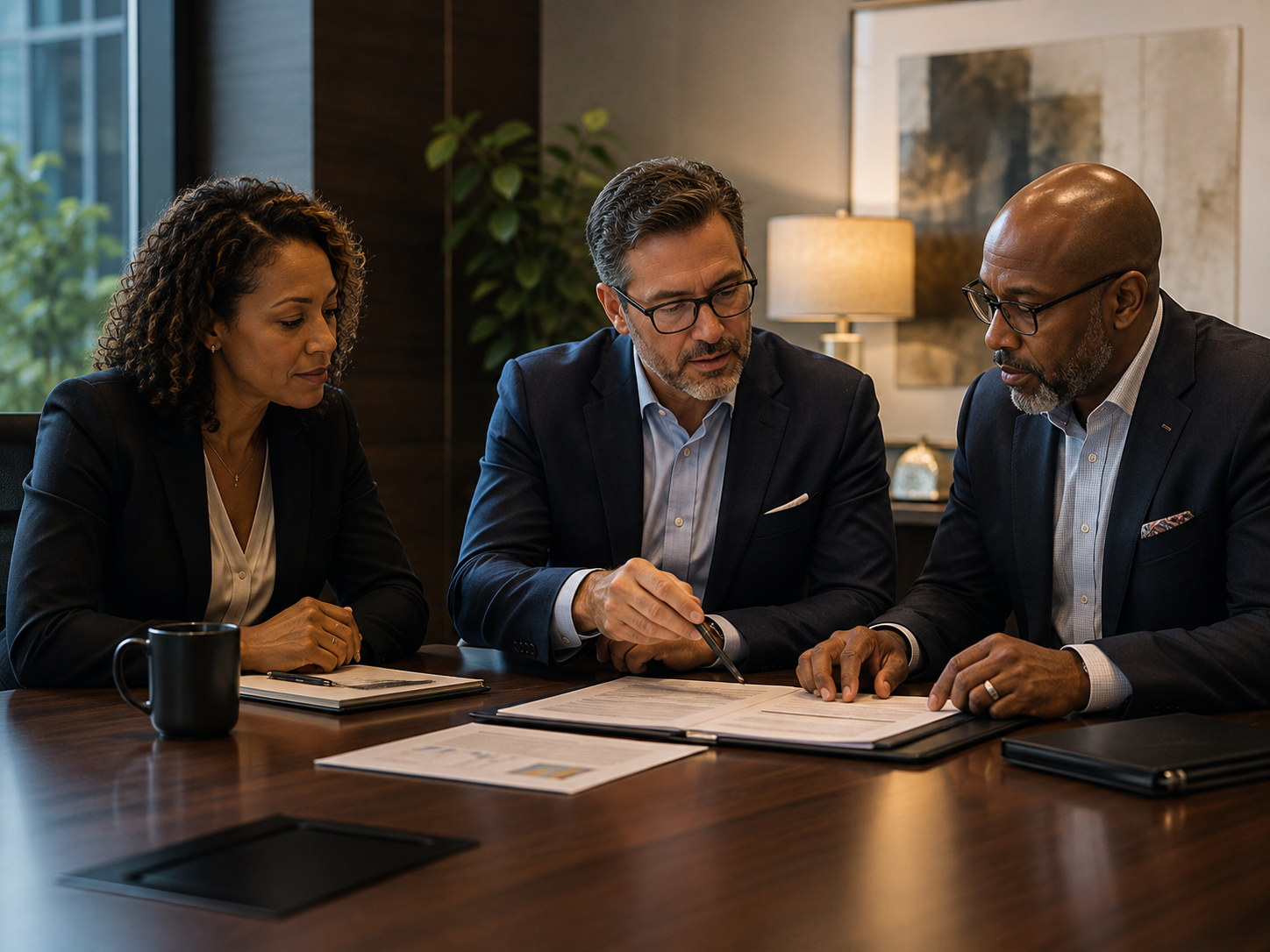 Three professionals reviewing documents together at a conference table.