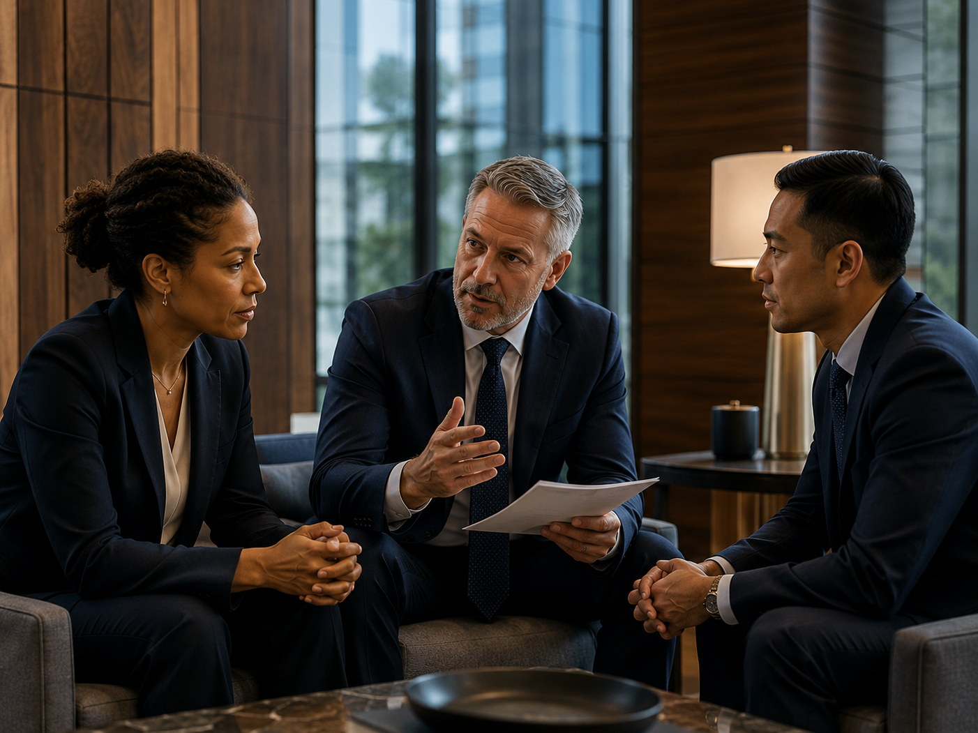 Three professionals in discussion in an office, one reviewing a document.