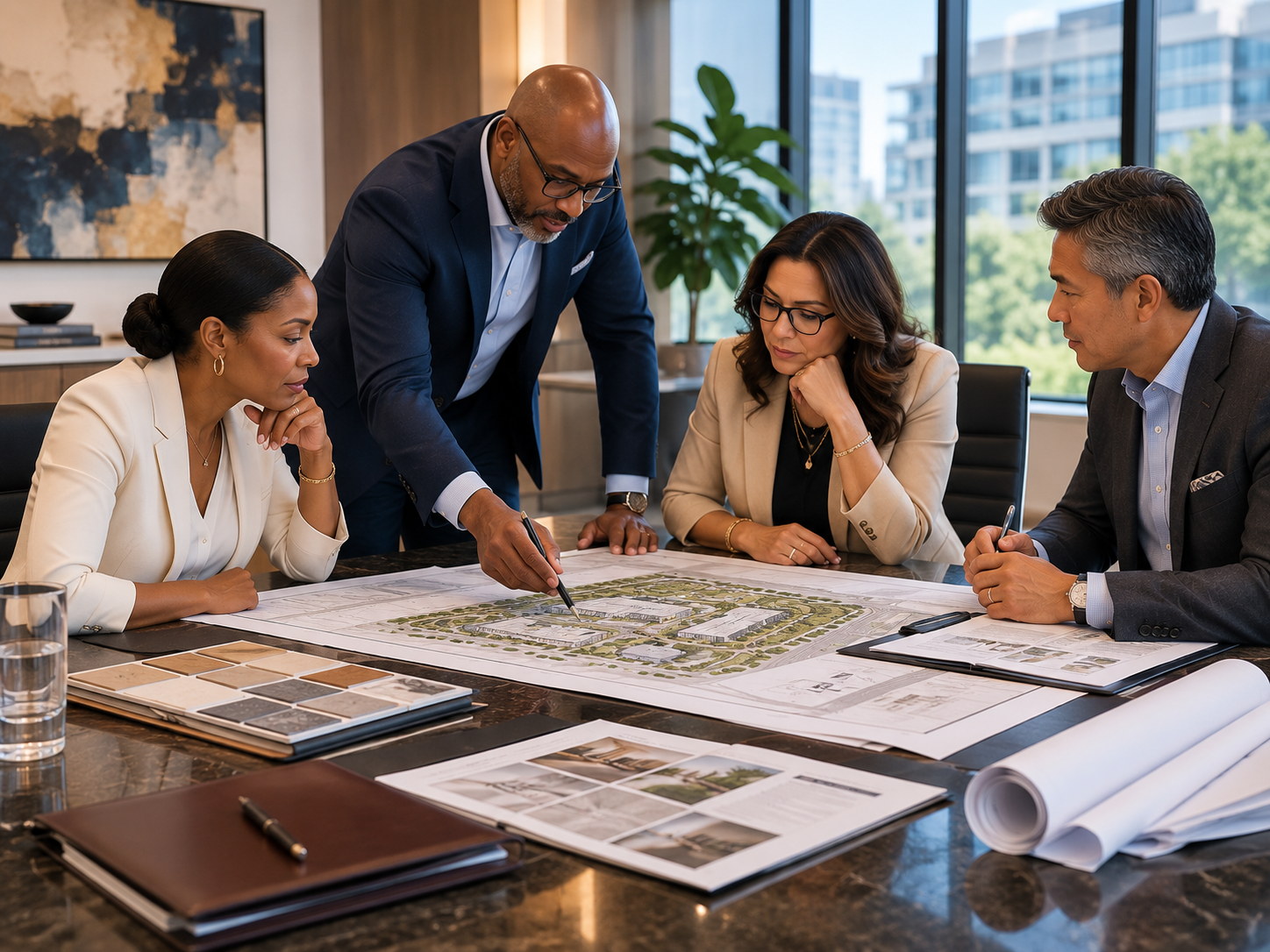 Four professionals reviewing a site plan together at a conference table.