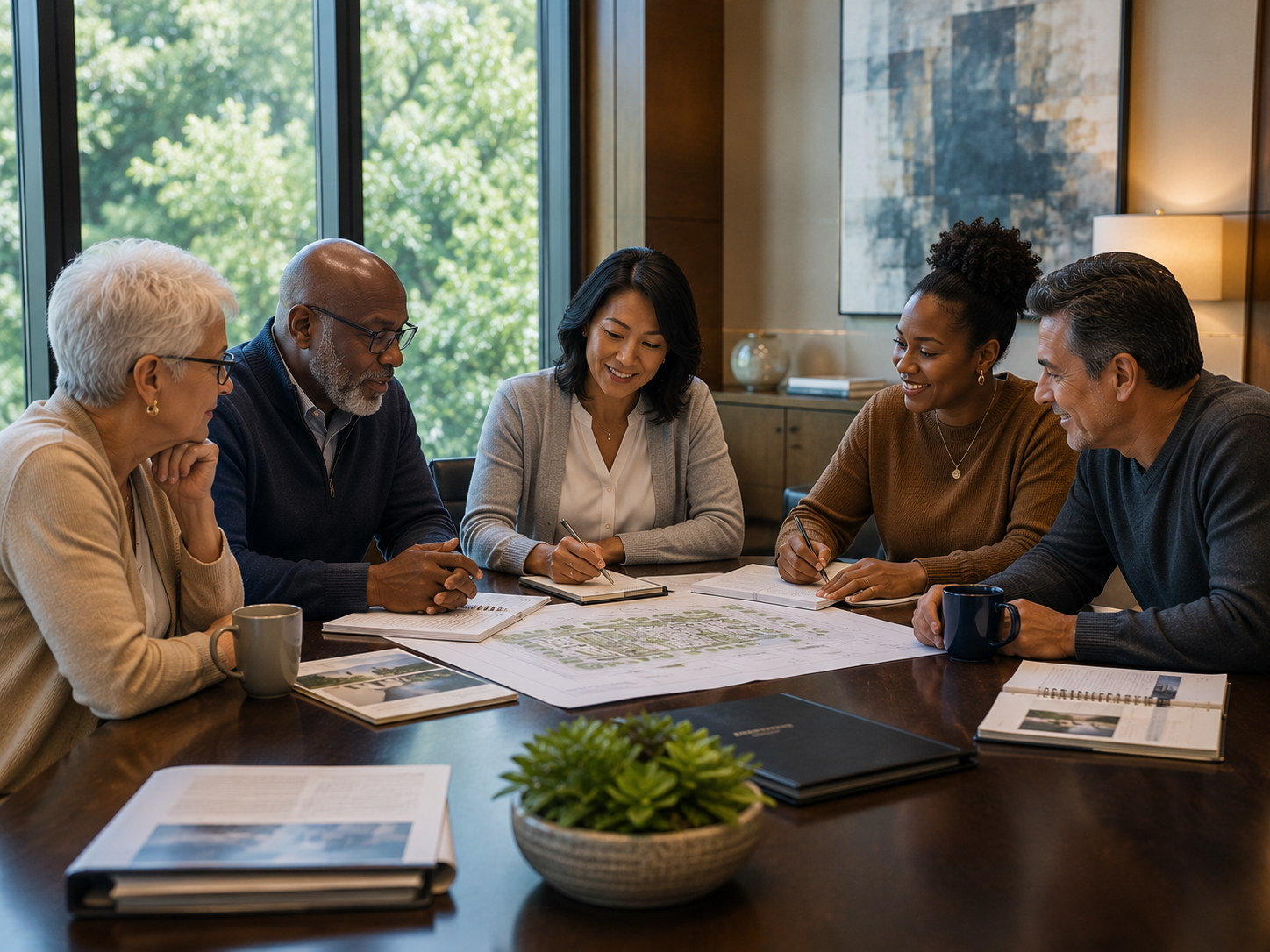 Five community volunteers of different ages working together around a table.